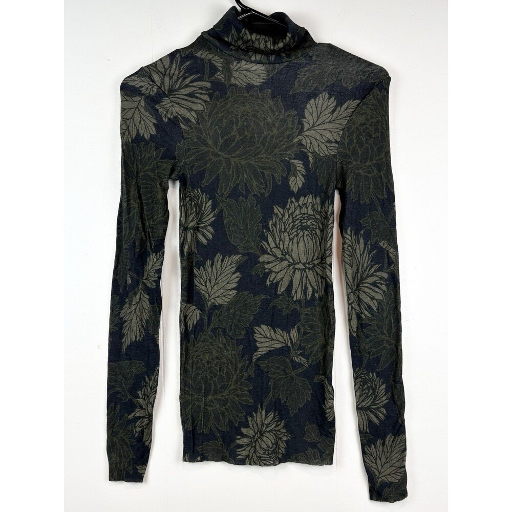 COS Women's Blouse Turtleneck Top Merino Wool Green Floral Small Stretch Luxe - Picture 2 of 9